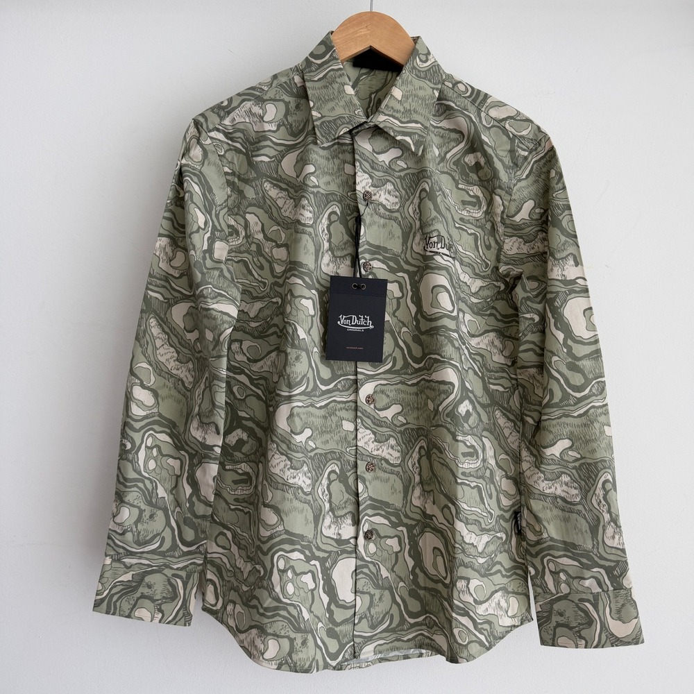 Von Dutch Shirt Mens Small Green Camo Print Button Down Ground Stone Abstract